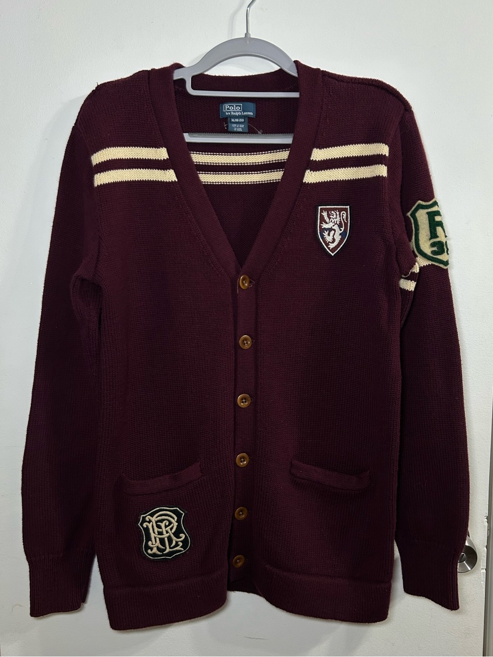 Polo by Ralph Lauren Boys Maroon V-Neck Cardigan Sweater with patches